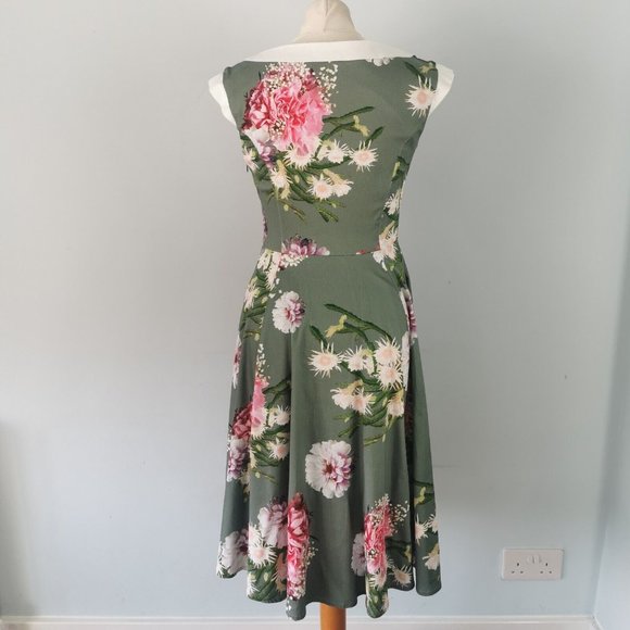 HEARTS & ROSES Floral Hepburn Dress Fit Flare 50s Fifties Wedding Party UK 10 - Picture 4 of 9